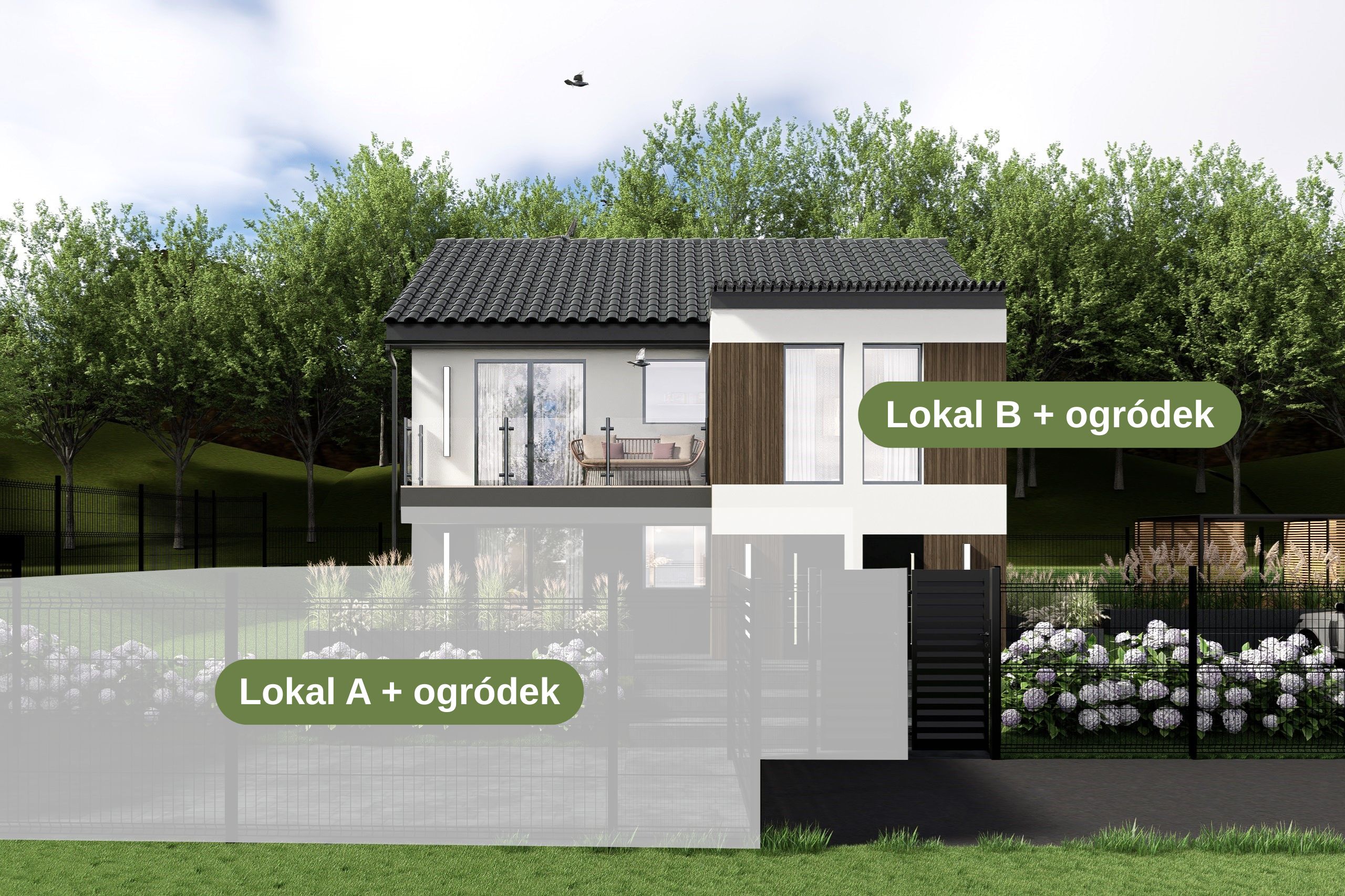 Budynek C – elewacja frontowa z wyróżnionym Lokalem A i Lokalem B