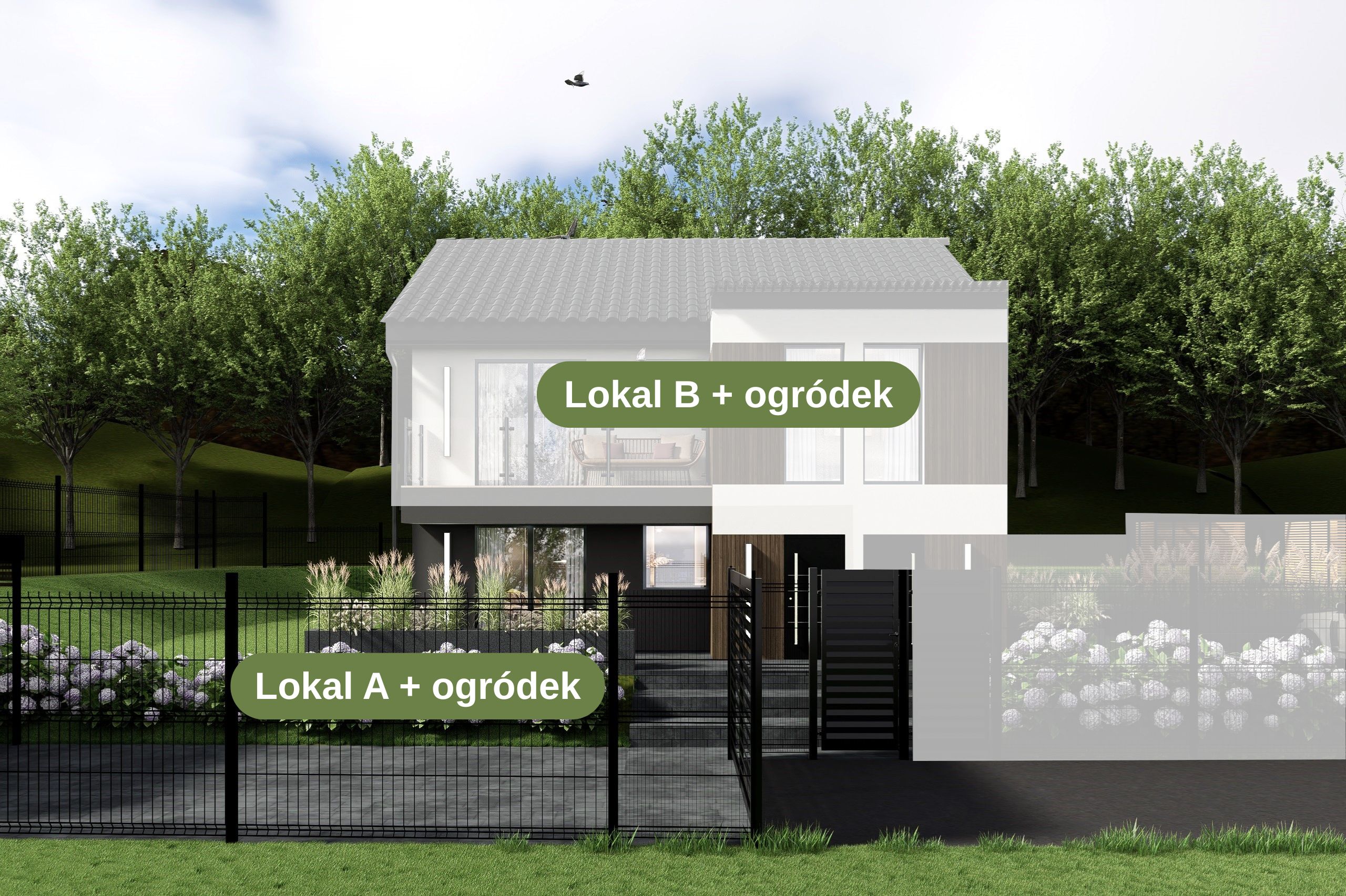Budynek C – elewacja frontowa, podział na Lokal A i Lokal B