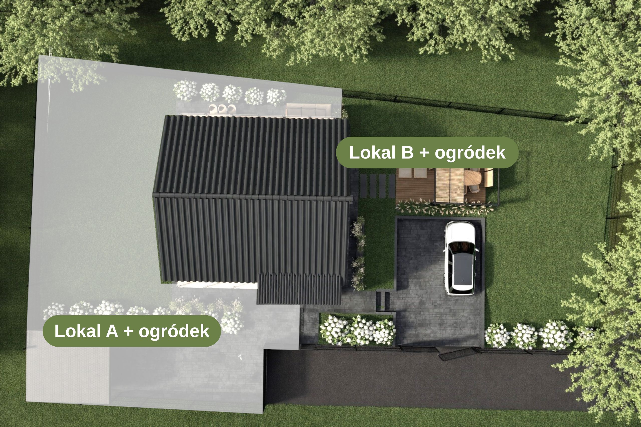 Budynek C – rzut z góry z podziałem działek Lokalu A i B
