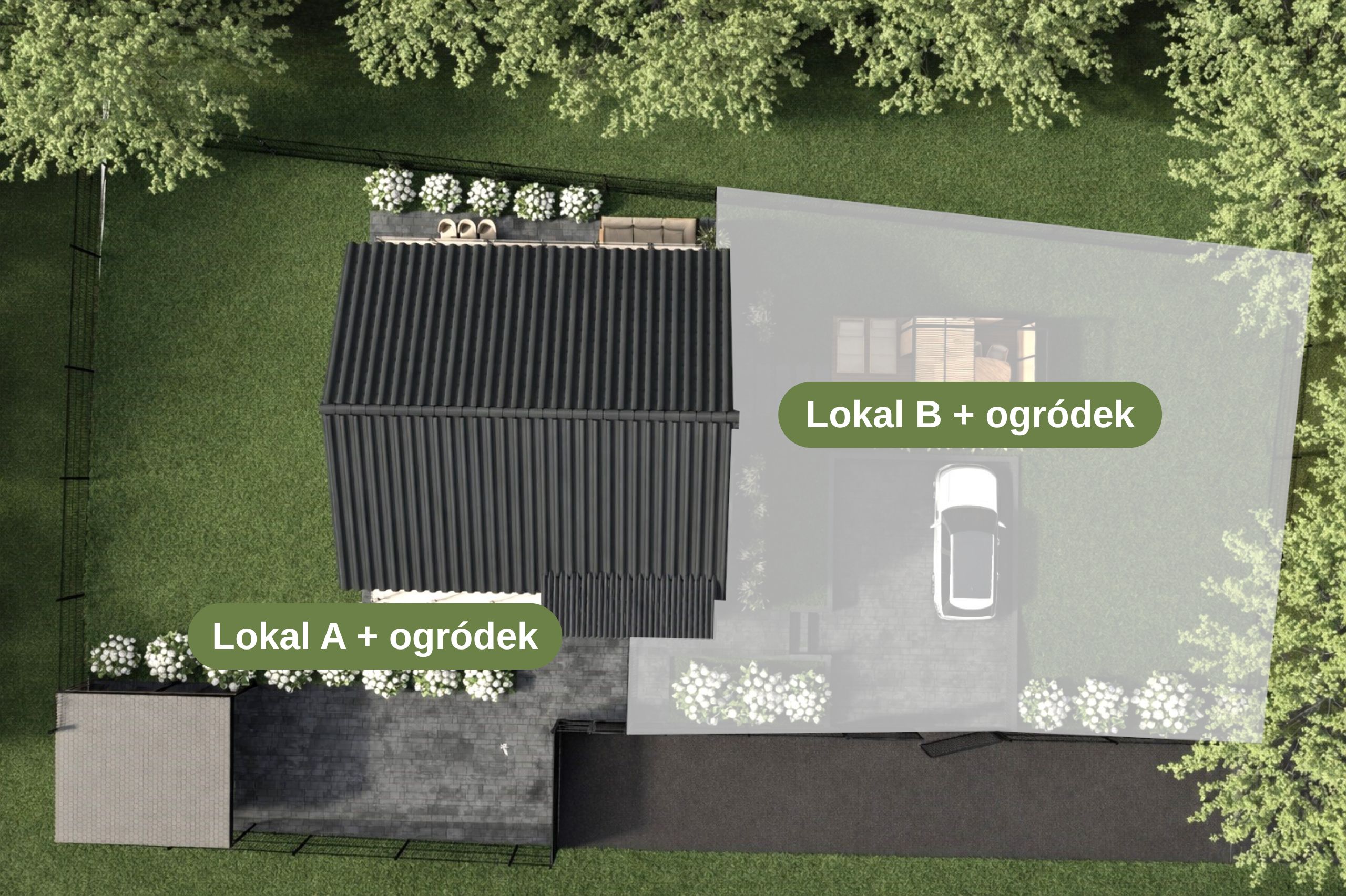 Budynek C – rzut z góry, działki i miejsca postojowe lokali