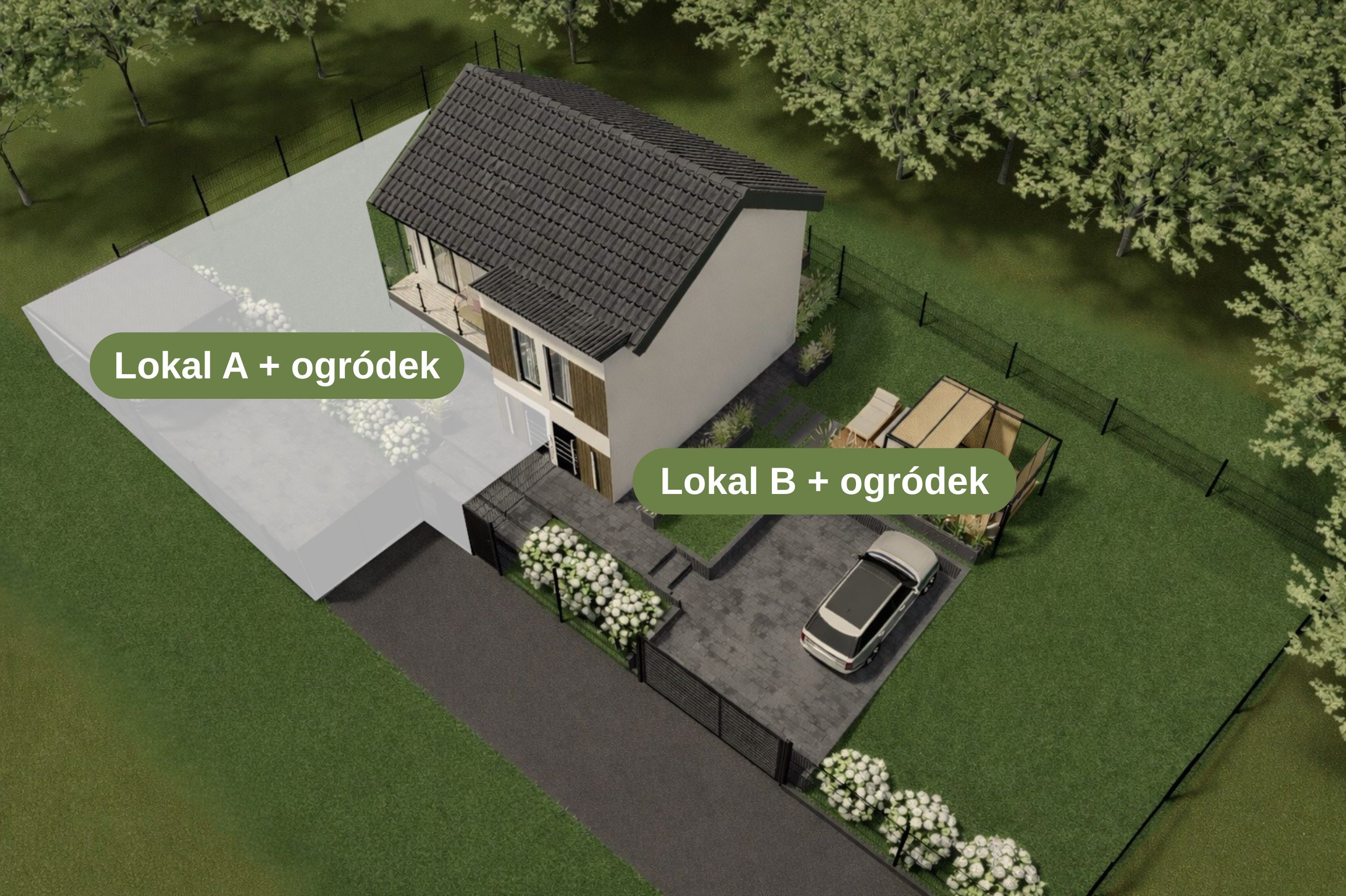 Budynek C – ujęcie z lotu ptaka z wyróżnionymi lokalami i ogrodami