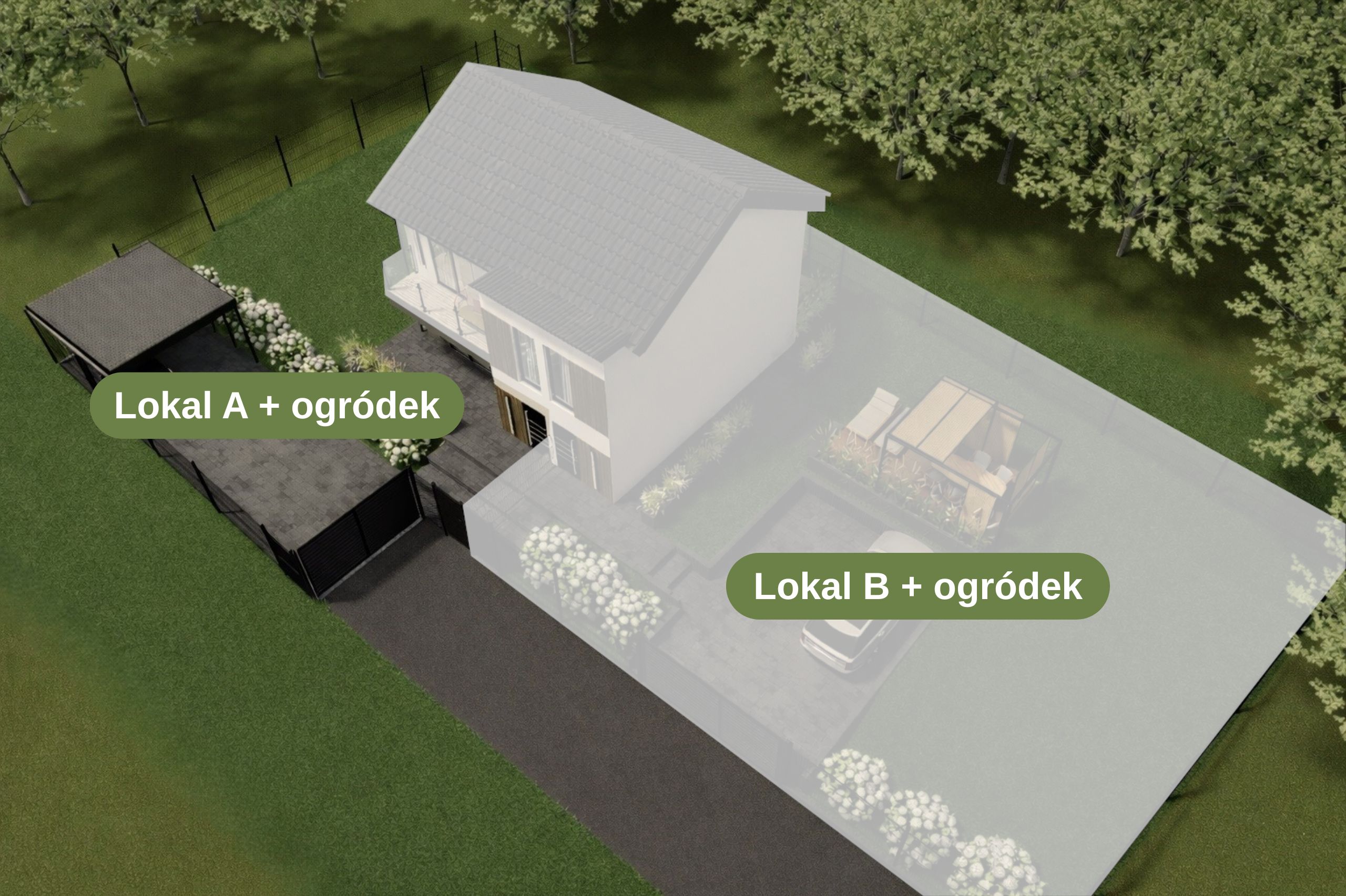 Budynek C – ujęcie z lotu ptaka, działki i miejsca postojowe